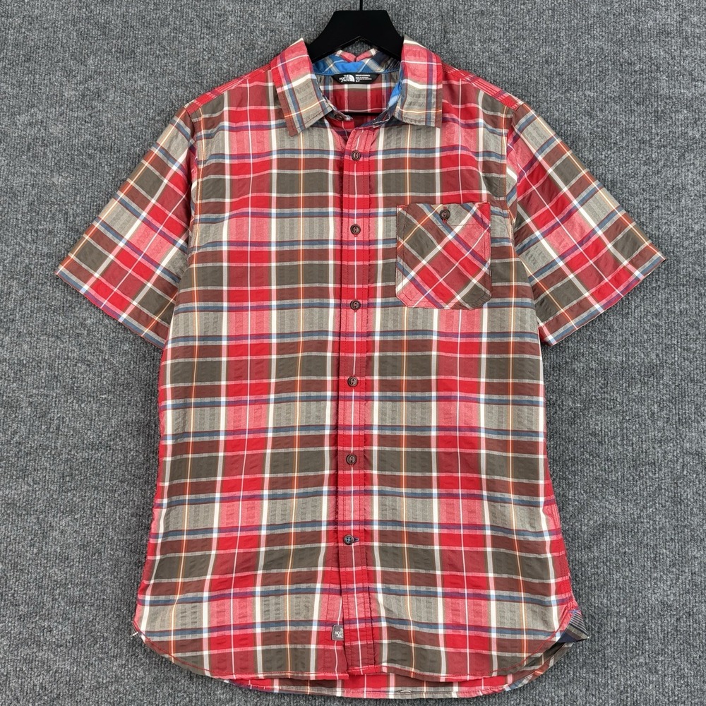 The North Face Button Up Shirt Mens S Red Plaid Seersucker Outdoor Short Sleeve